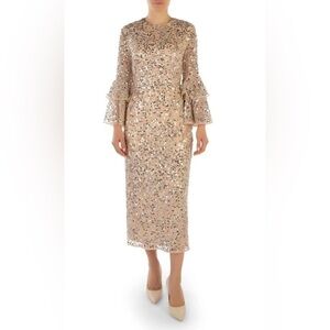Nwt Mac Duggal Fully Sequined Ruffle Tiered 3/4 Sleeve Midi Dress - Nude